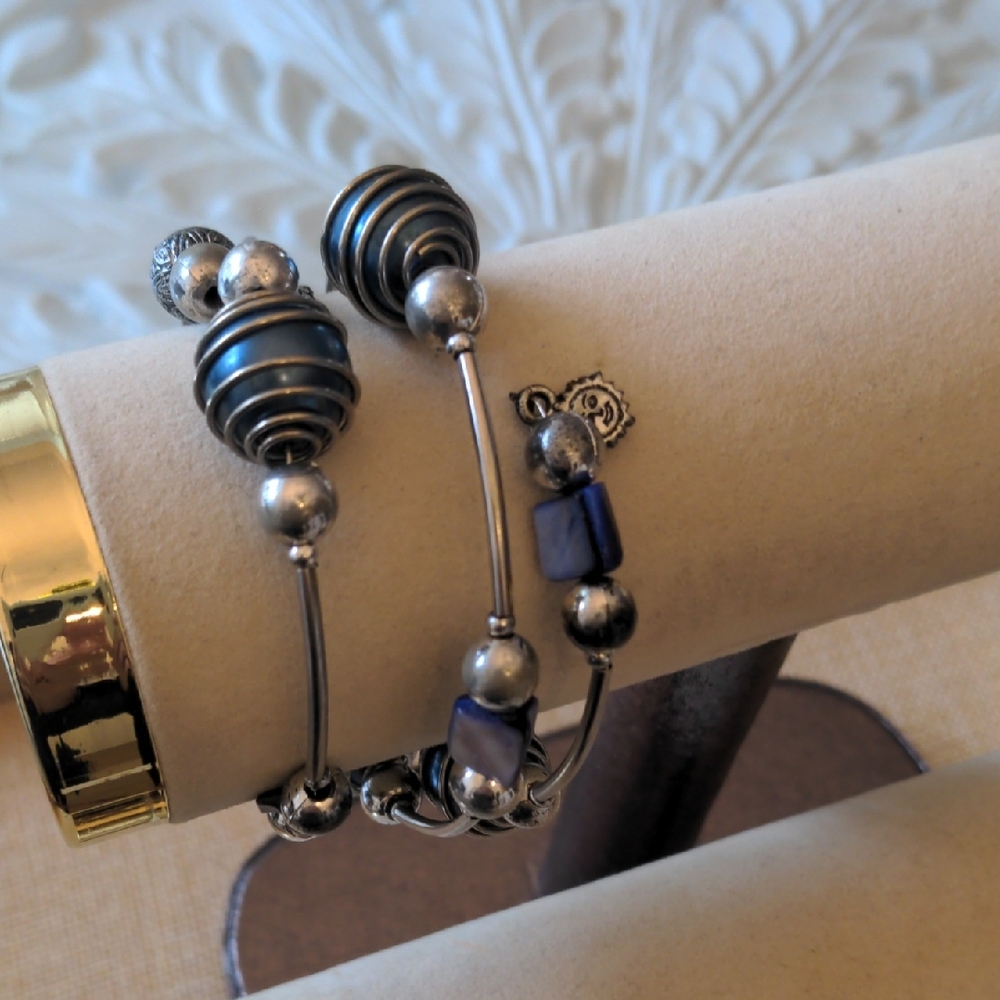 Suzie Blue Silver and Blue Beaded Bracelet Adjustable